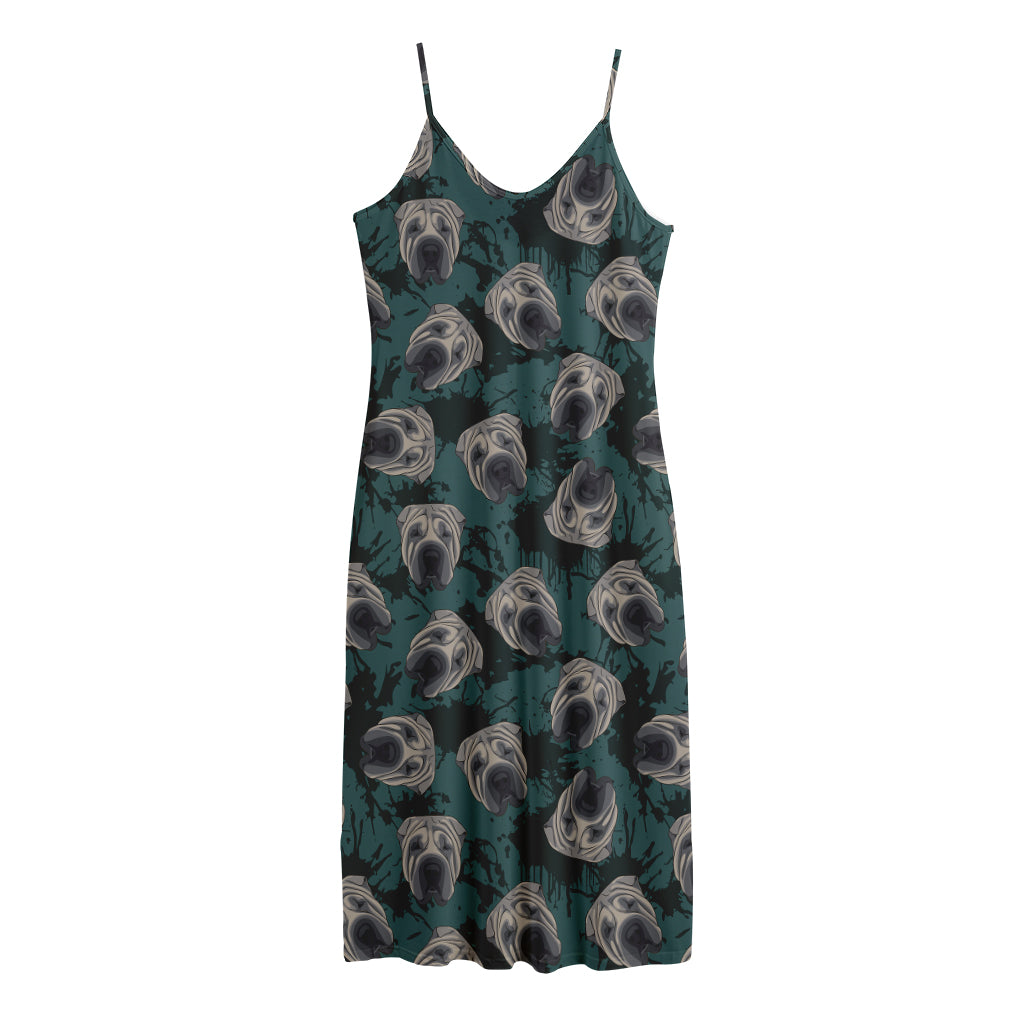 Shar Pei Face Pattern Print Jersey Midi Cami Dress