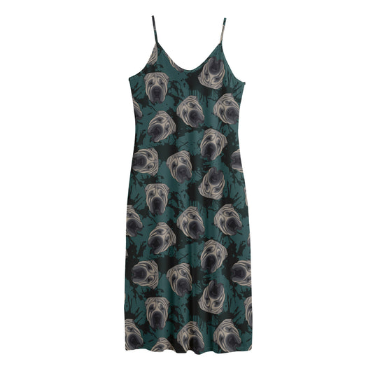 Shar Pei Face Pattern Print Jersey Midi Cami Dress