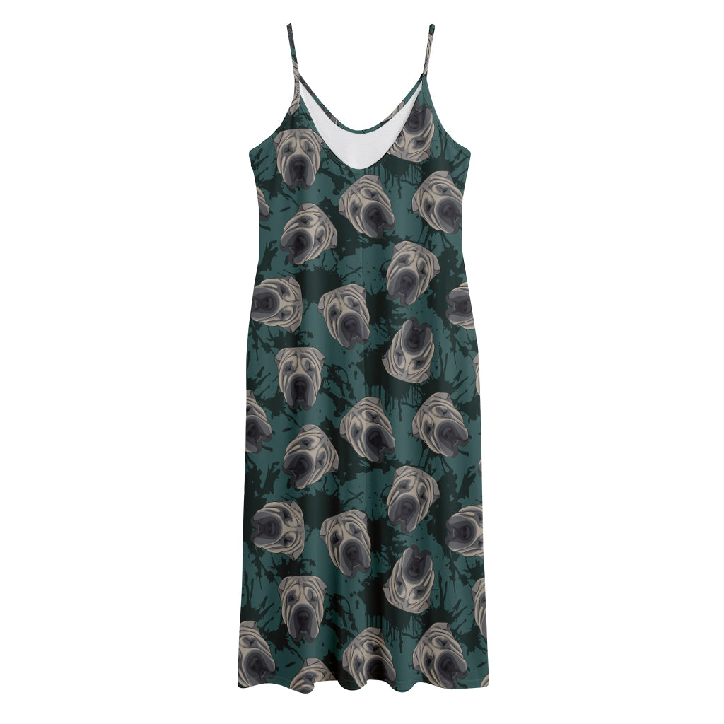 Shar Pei Face Pattern Print Jersey Midi Cami Dress