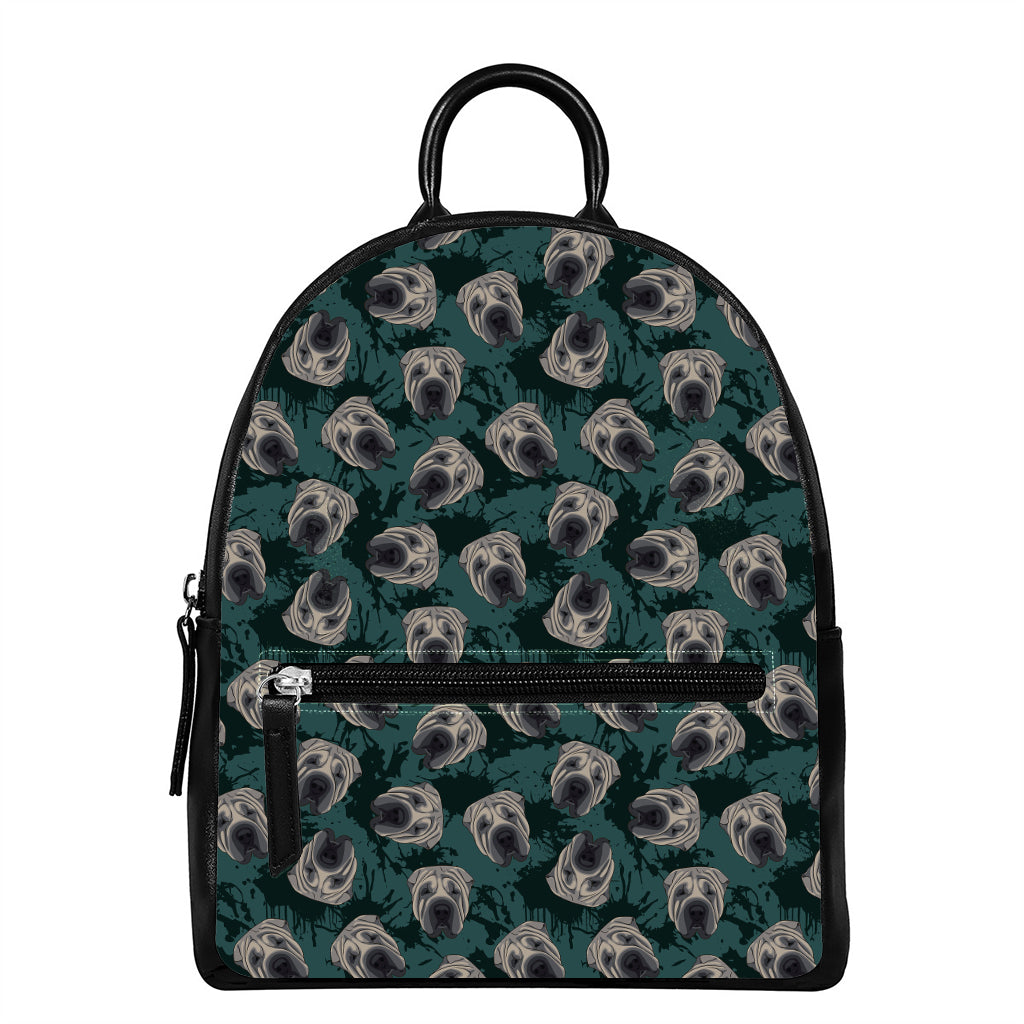Shar Pei Face Pattern Print Leather Backpack