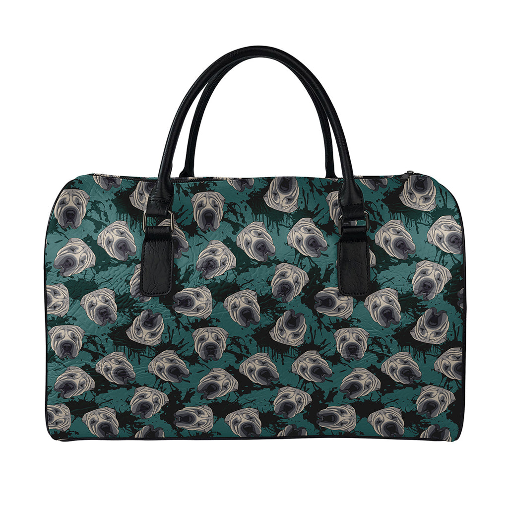 Shar Pei Face Pattern Print Leather Duffle Bag