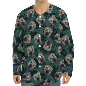 Shar Pei Face Pattern Print Long Sleeve Baseball Jersey