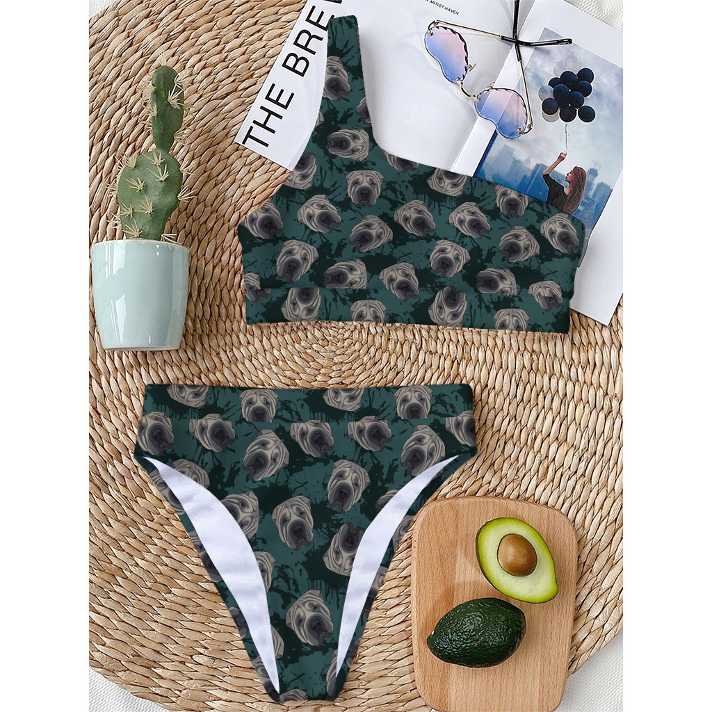 Shar Pei Face Pattern Print One Shoulder Bikini Top