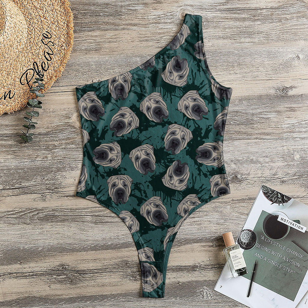 Shar Pei Face Pattern Print One Shoulder Bodysuit