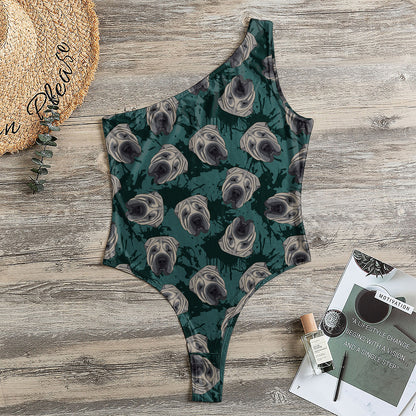 Shar Pei Face Pattern Print One Shoulder Bodysuit