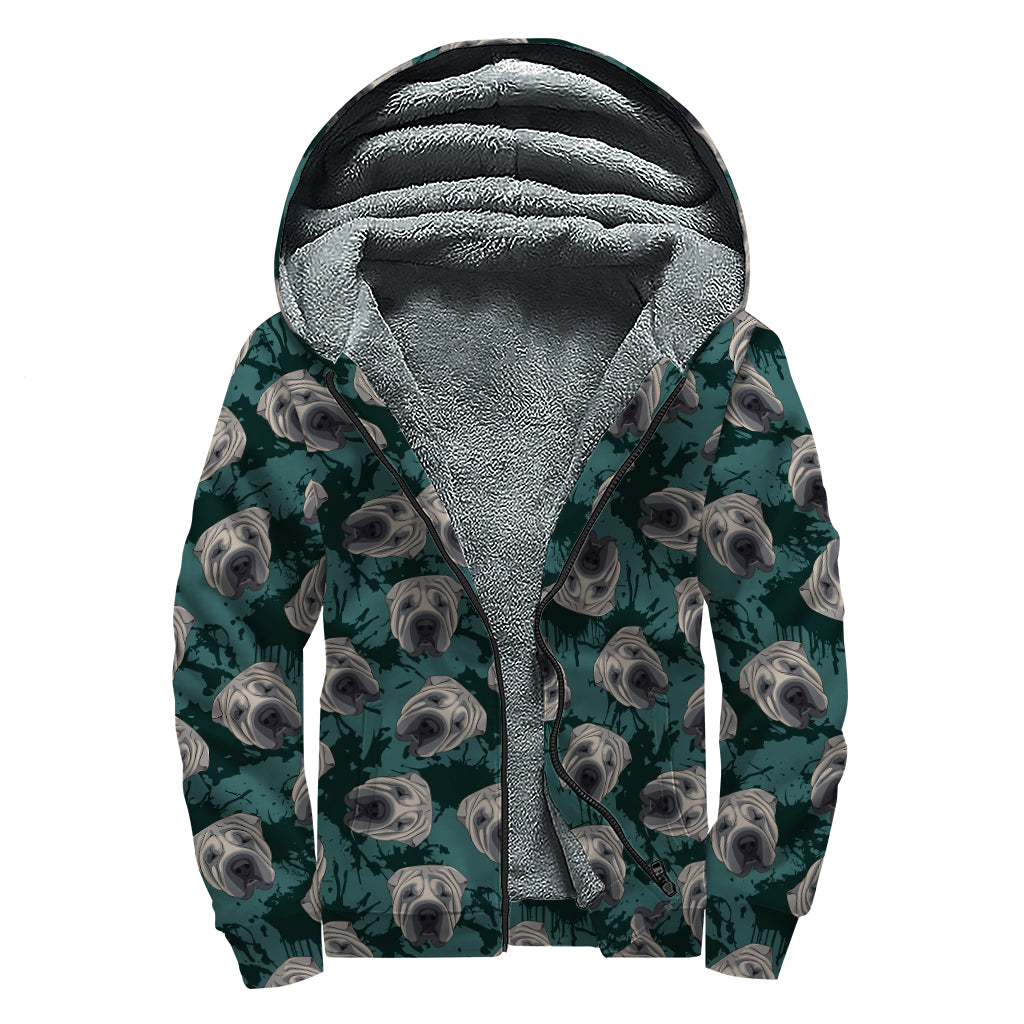 Shar Pei Face Pattern Print Sherpa Lined Zip Up Hoodie