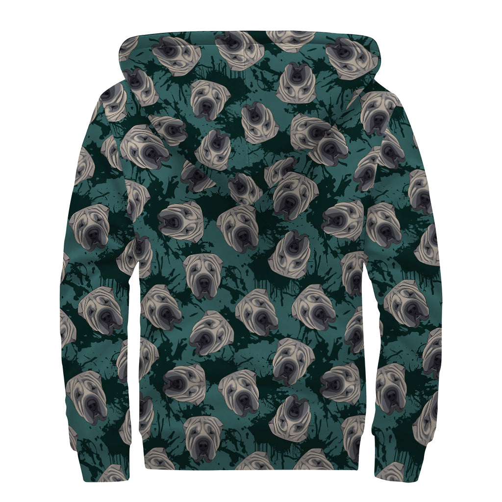 Shar Pei Face Pattern Print Sherpa Lined Zip Up Hoodie