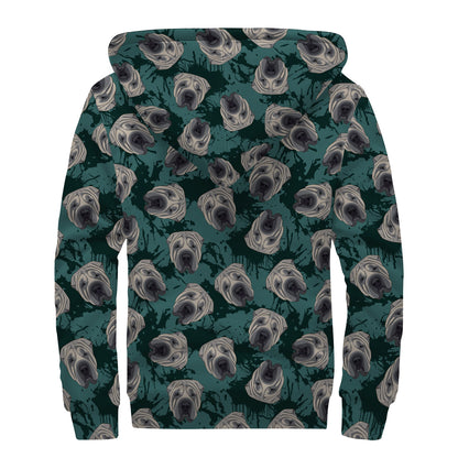 Shar Pei Face Pattern Print Sherpa Lined Zip Up Hoodie
