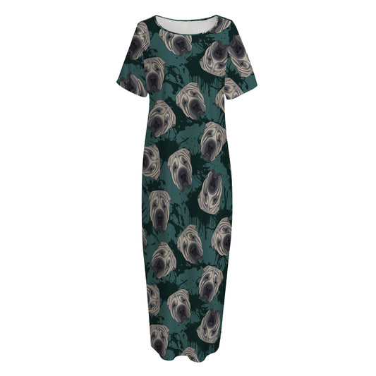 Shar Pei Face Pattern Print Short Sleeve Long Nightdress