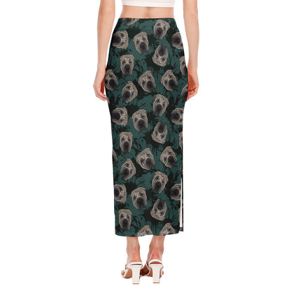 Shar Pei Face Pattern Print Side Slit Maxi Skirt