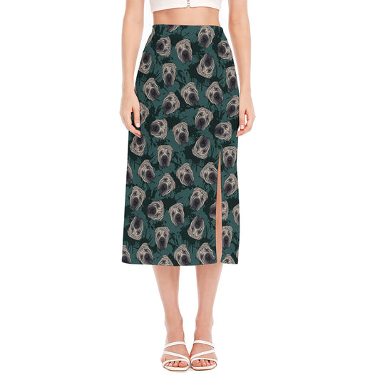 Shar Pei Face Pattern Print Side Slit Midi Skirt