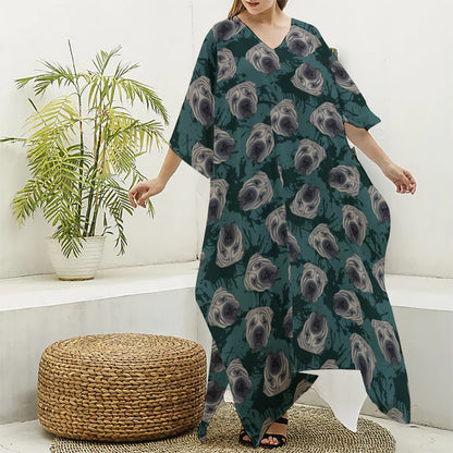 Shar Pei Face Pattern Print Silk V-Neck Kaftan Dress