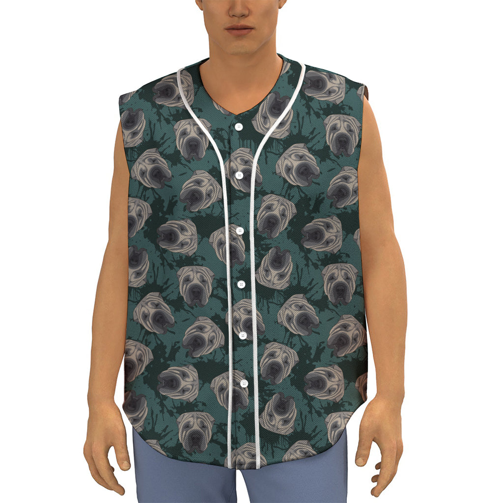 Shar Pei Face Pattern Print Sleeveless Baseball Jersey