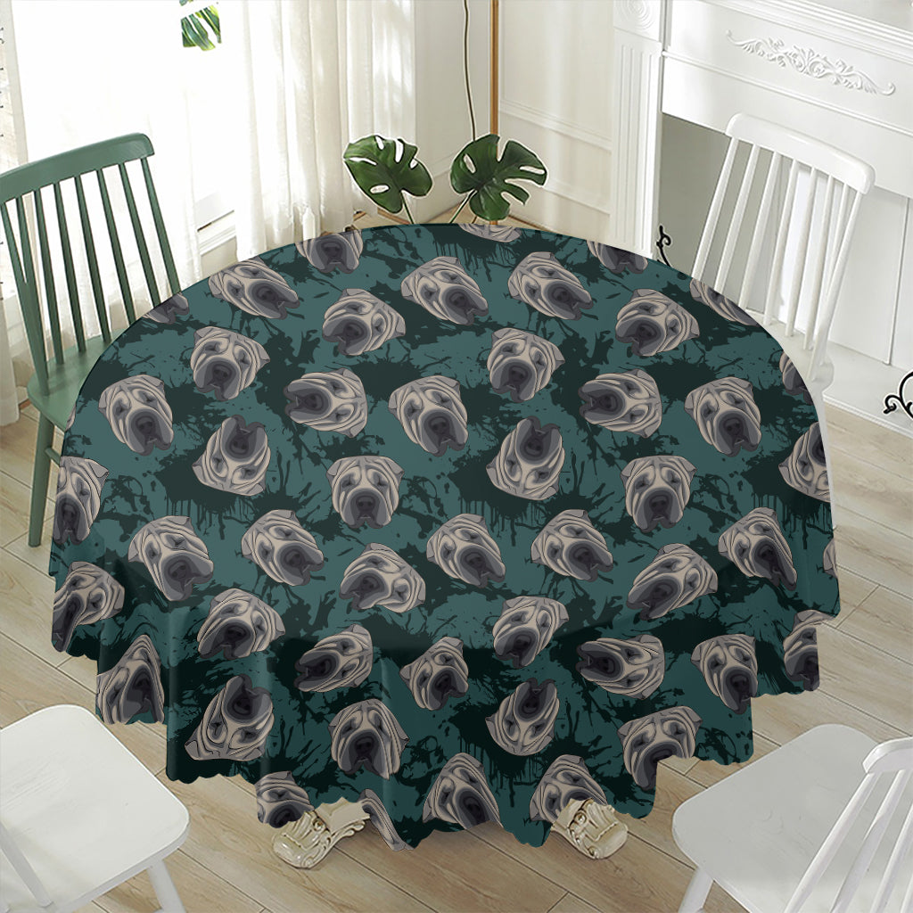 Shar Pei Face Pattern Print Waterproof Round Tablecloth