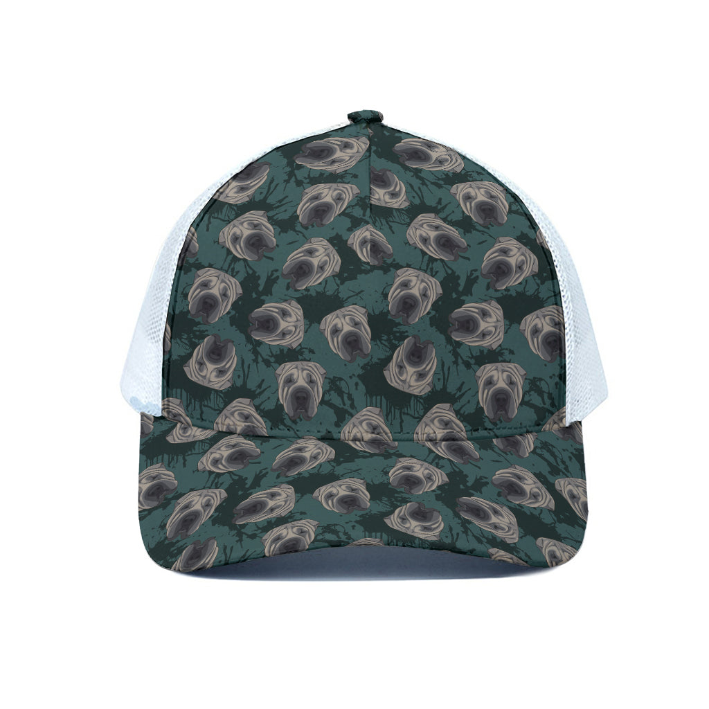 Shar Pei Face Pattern Print White Mesh Trucker Cap