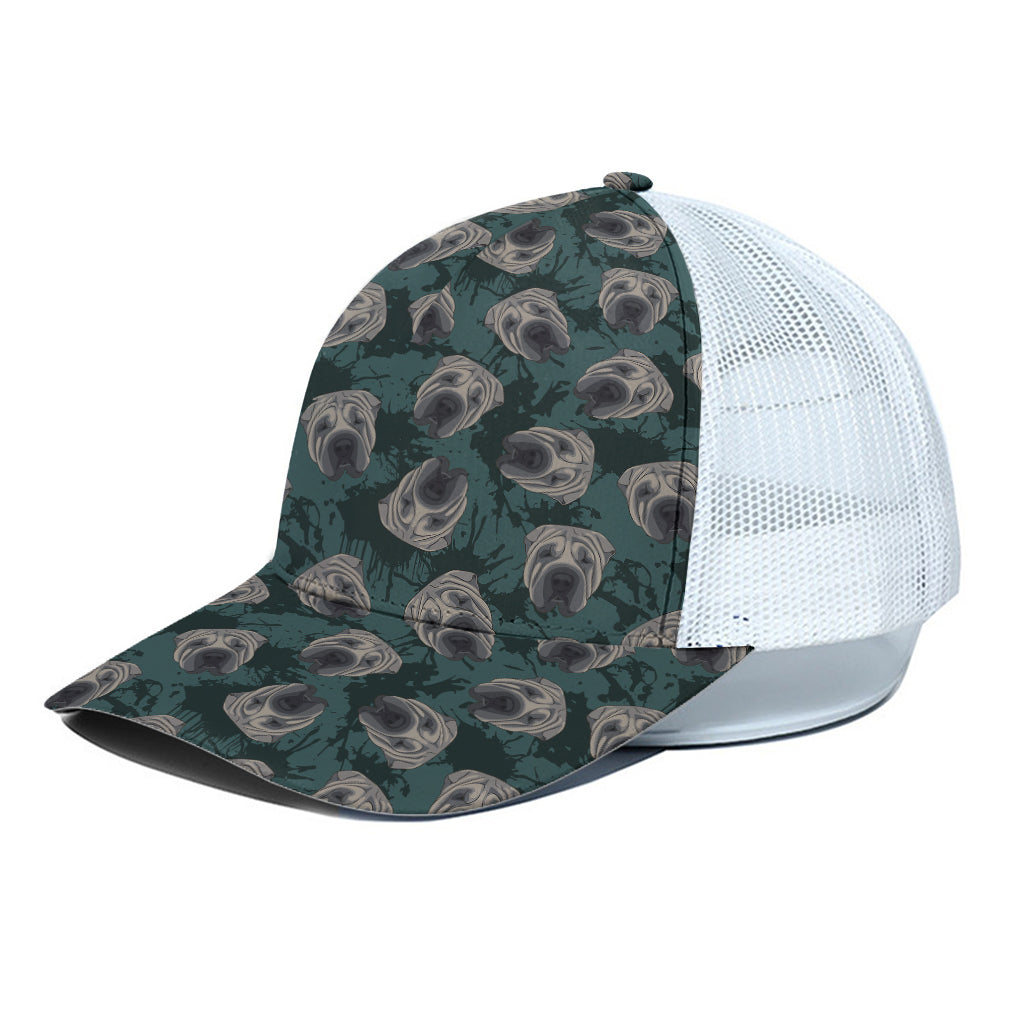 Shar Pei Face Pattern Print White Mesh Trucker Cap
