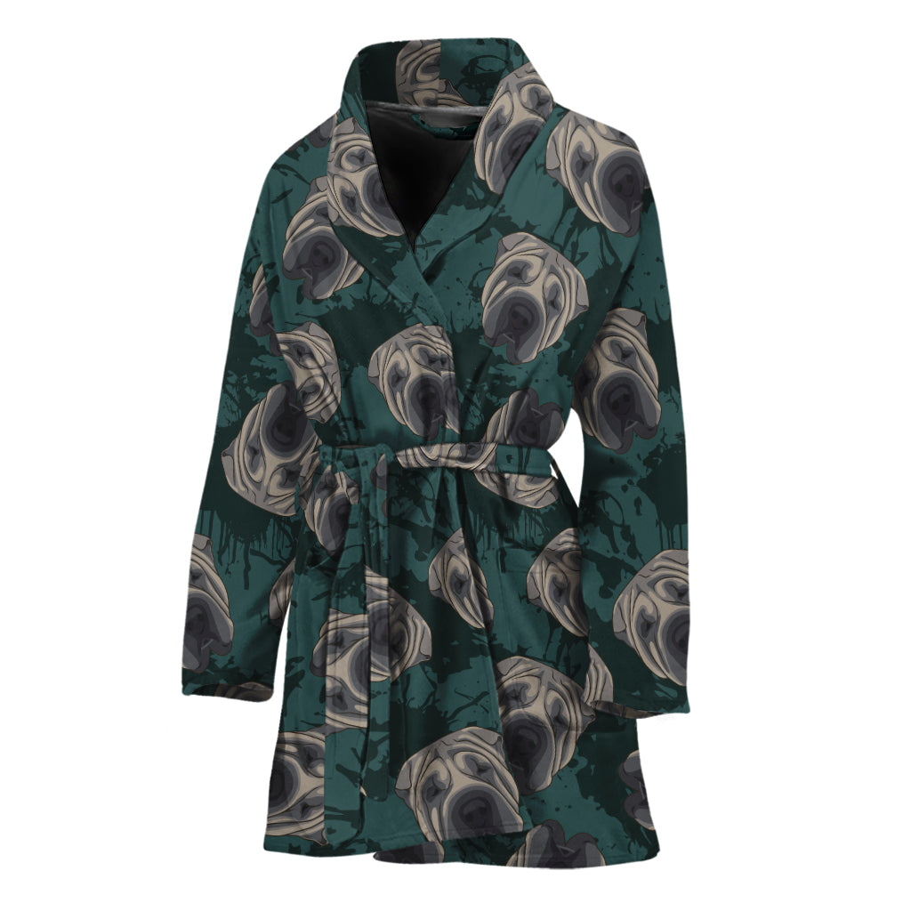 Shar Pei Face Pattern Print Women's Bathrobe