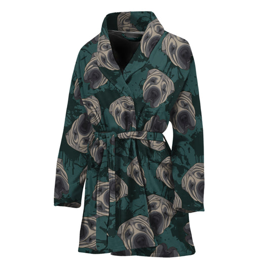 Shar Pei Face Pattern Print Women's Bathrobe