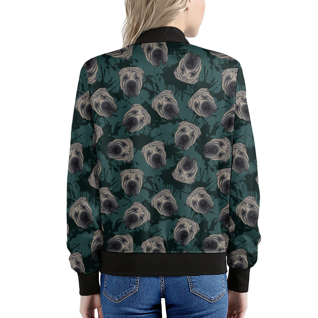 Shar Pei Face Pattern Print Women's Bomber Jacket