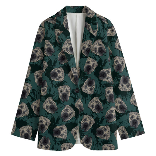 Shar Pei Face Pattern Print Women's Cotton Blazer