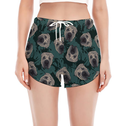 Shar Pei Face Pattern Print Women's Split Running Shorts