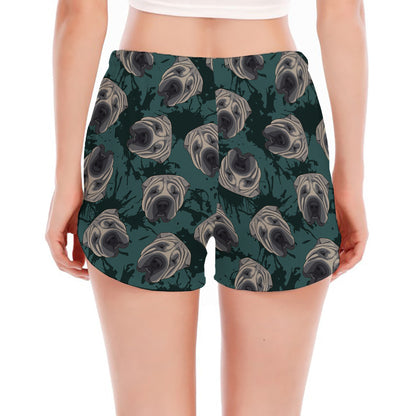 Shar Pei Face Pattern Print Women's Split Running Shorts