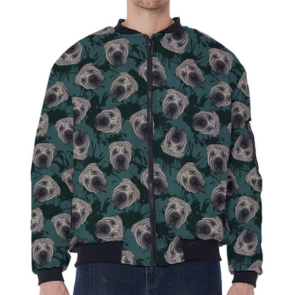 Shar Pei Face Pattern Print Zip Sleeve Bomber Jacket