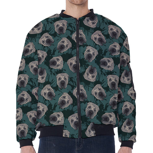 Shar Pei Face Pattern Print Zip Sleeve Bomber Jacket