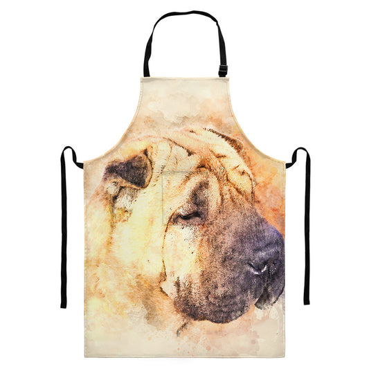 Shar Pei Portrait Print Bib Apron With Pocket