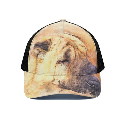 Shar Pei Portrait Print Black Mesh Trucker Cap