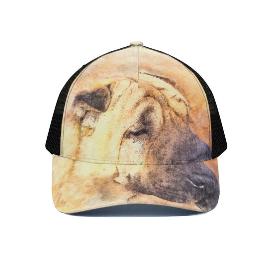 Shar Pei Portrait Print Black Mesh Trucker Cap