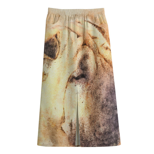 Shar Pei Portrait Print Cotton Front Slit Maxi Skirt