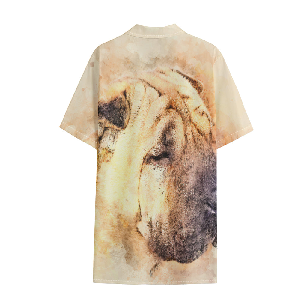 Shar Pei Portrait Print Cotton Hawaiian Shirt
