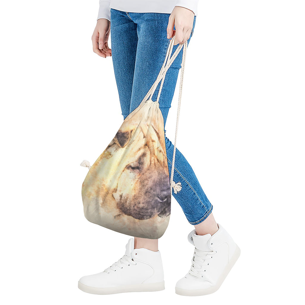 Shar Pei Portrait Print Drawstring Bag