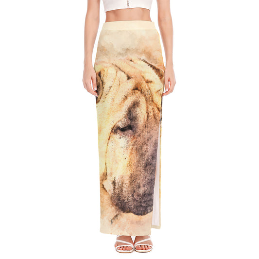 Shar Pei Portrait Print High Slit Maxi Skirt