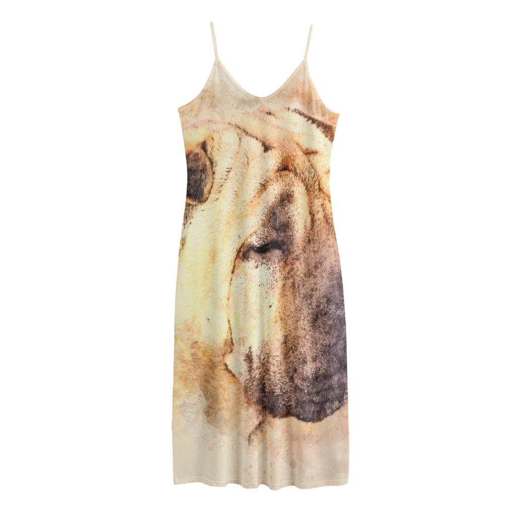 Shar Pei Portrait Print Jersey Midi Cami Dress