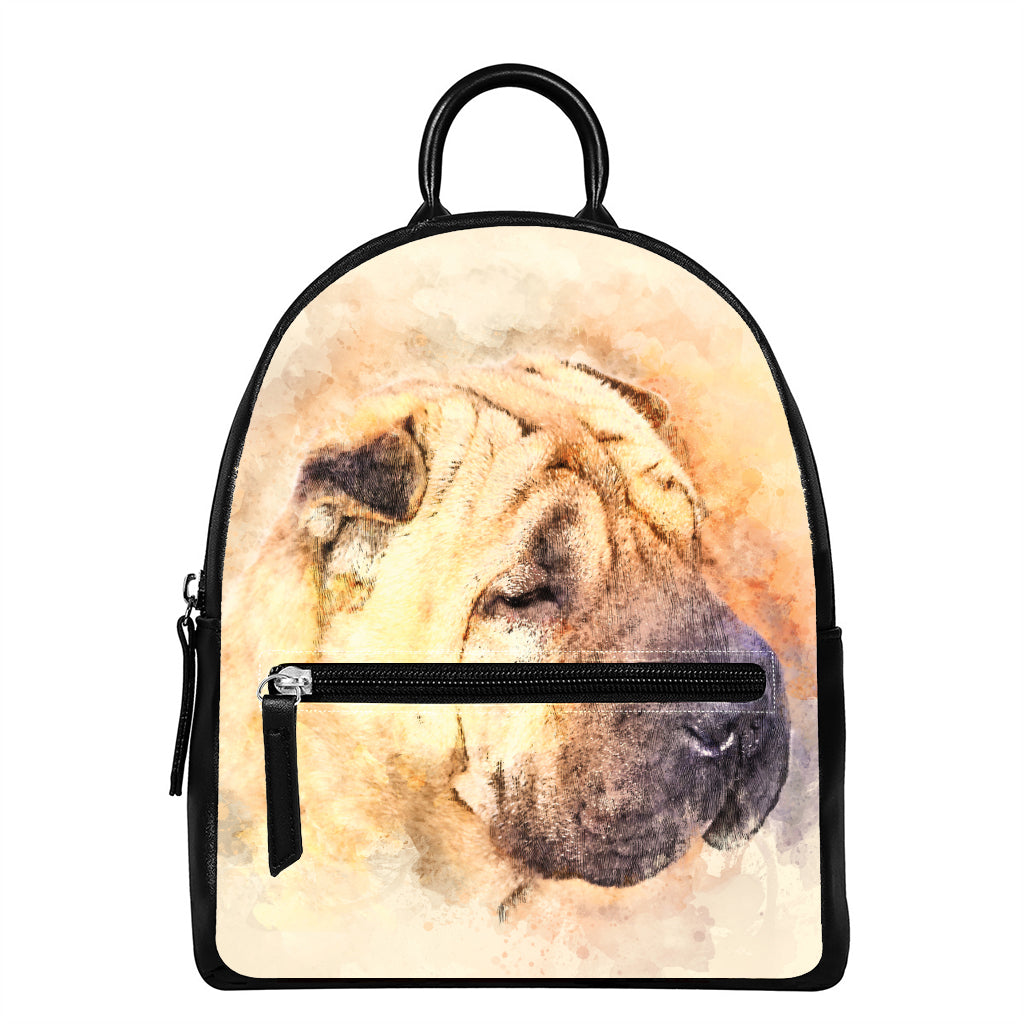 Shar Pei Portrait Print Leather Backpack