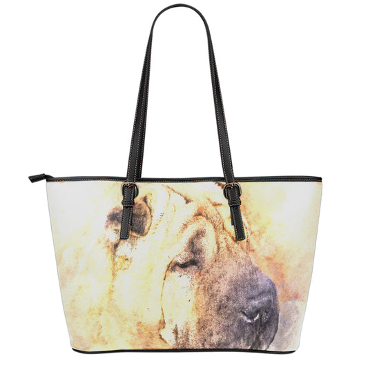 Shar Pei Portrait Print Leather Tote Bag