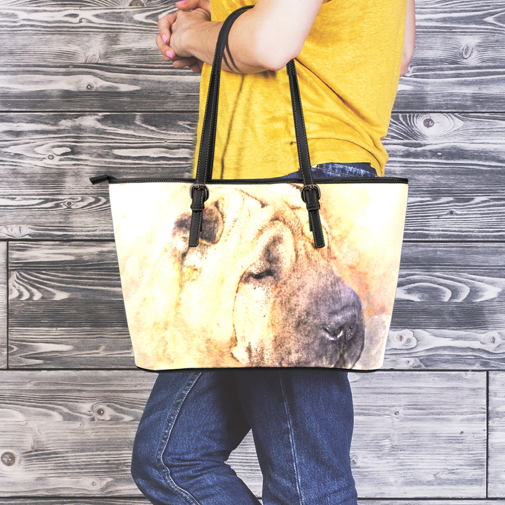Shar Pei Portrait Print Leather Tote Bag