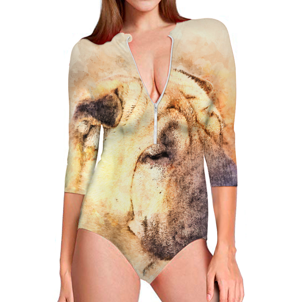 Shar Pei Portrait Print Long Sleeve Swimsuit