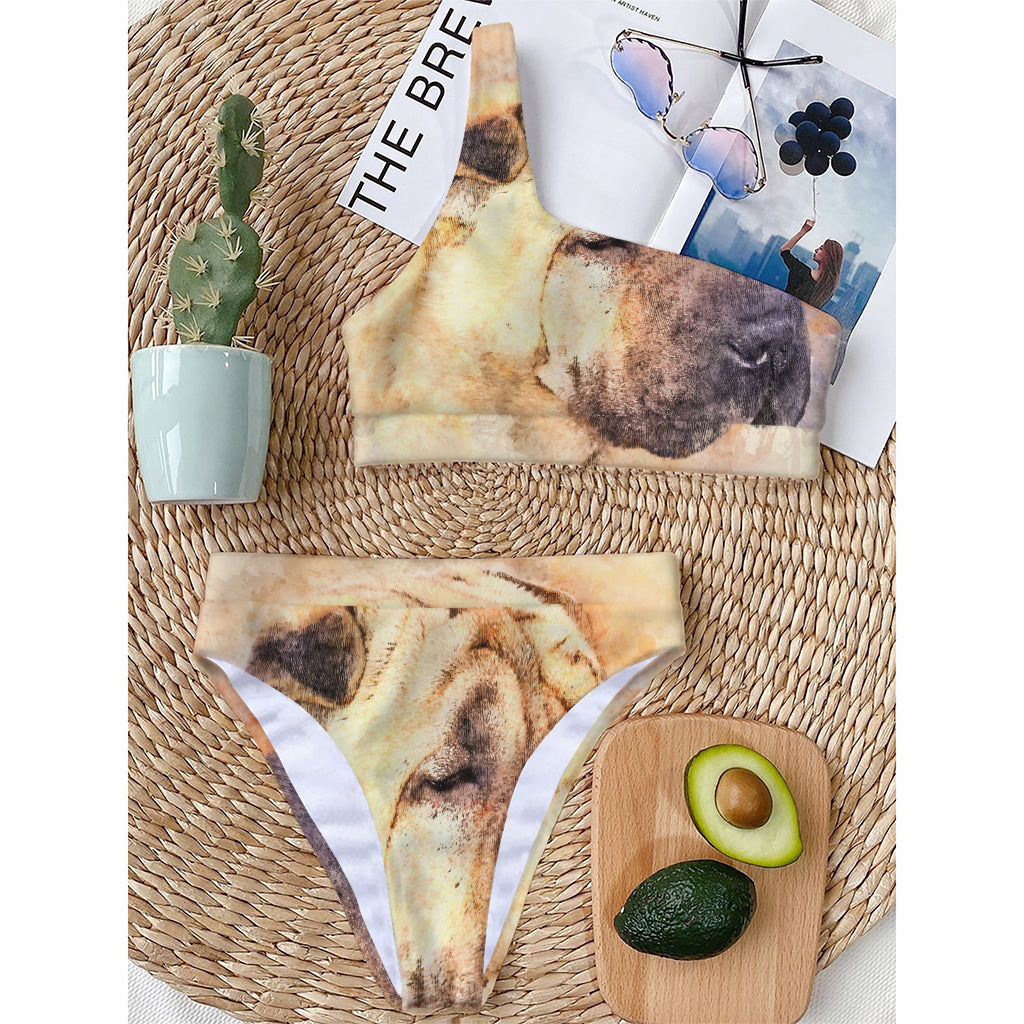 Shar Pei Portrait Print One Shoulder Bikini Top