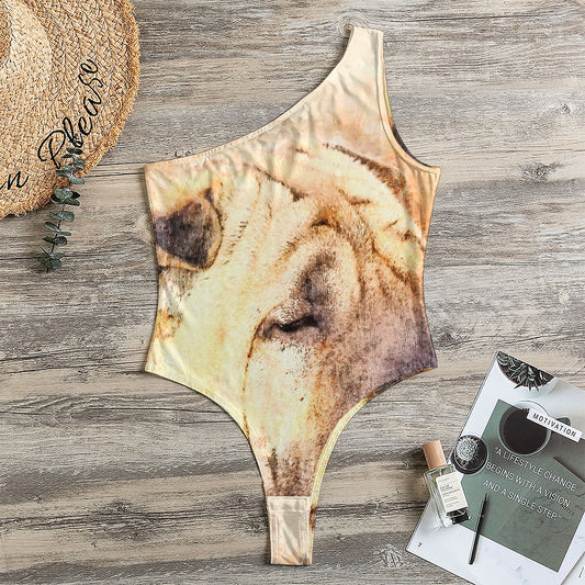 Shar Pei Portrait Print One Shoulder Bodysuit