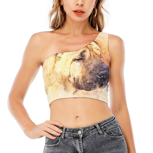 Shar Pei Portrait Print One Shoulder Crop Top