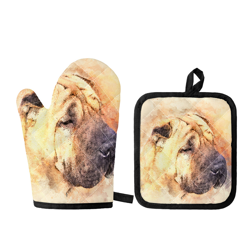 Shar Pei Portrait Print Oven Mitt And Pot Holder Set