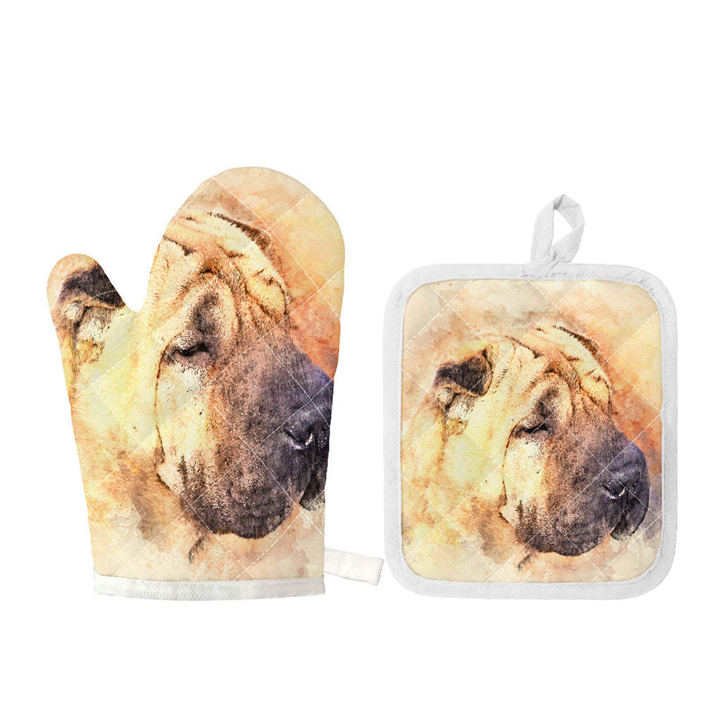 Shar Pei Portrait Print Oven Mitt And Pot Holder Set