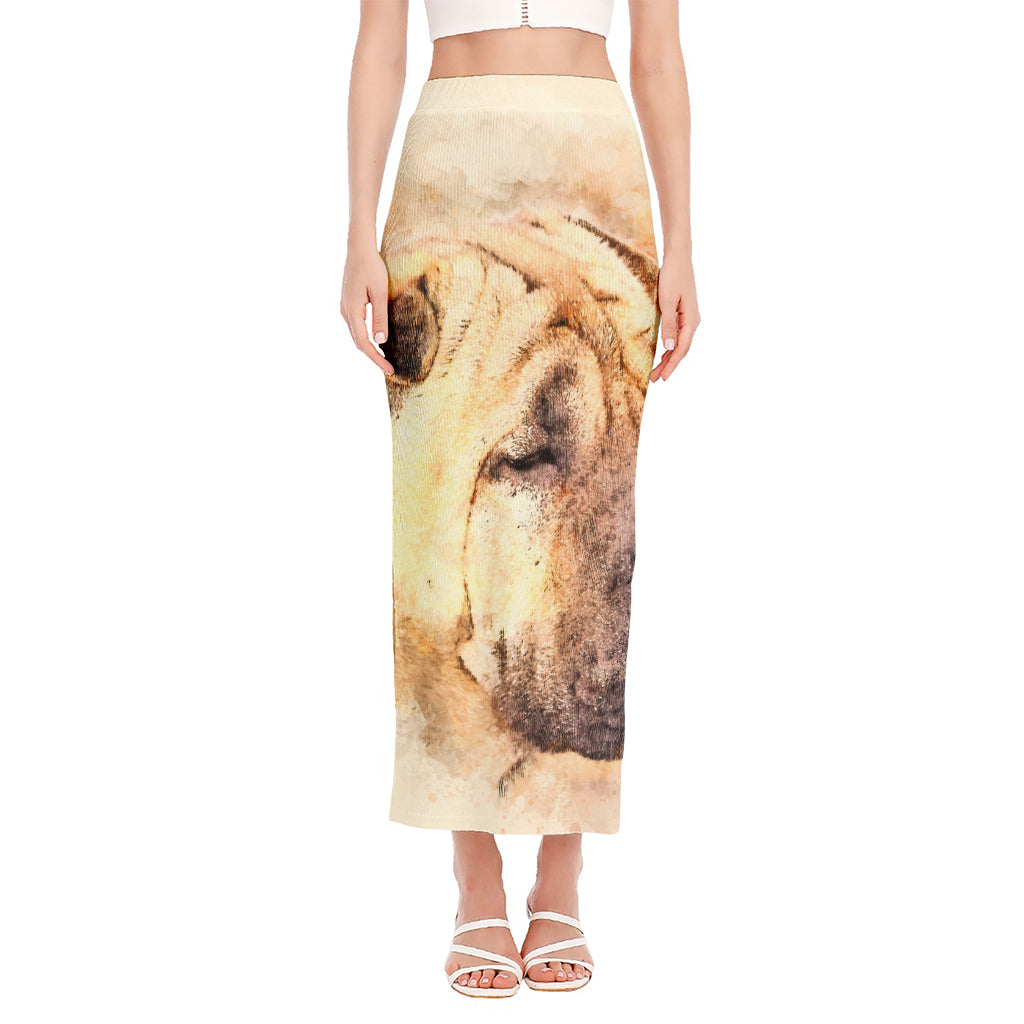 Shar Pei Portrait Print Side Slit Maxi Skirt