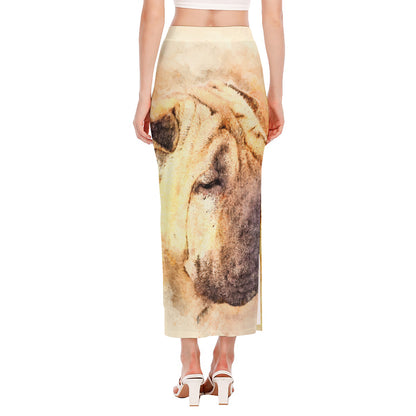 Shar Pei Portrait Print Side Slit Maxi Skirt
