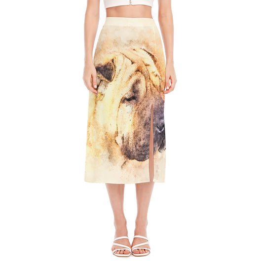 Shar Pei Portrait Print Side Slit Midi Skirt