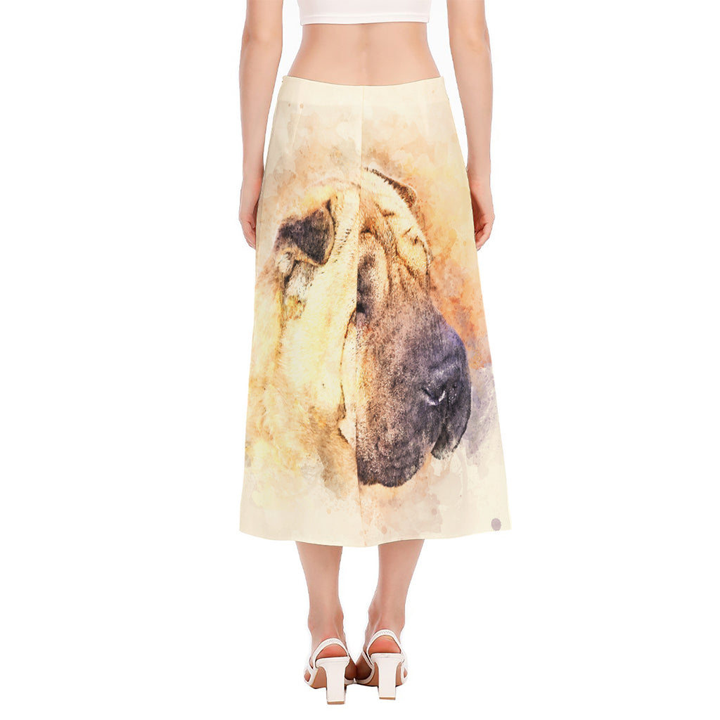 Shar Pei Portrait Print Side Slit Midi Skirt