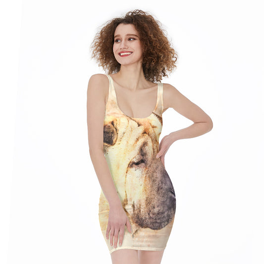 Shar Pei Portrait Print Sleeveless Bodycon Dress